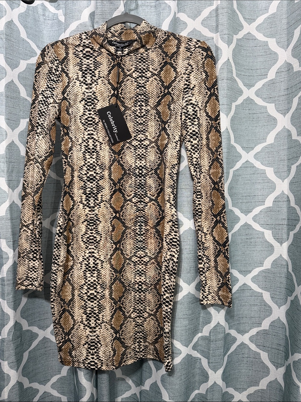 Hera Collection Tan & Black Snake Print Long Sleeve Bodycon Dress